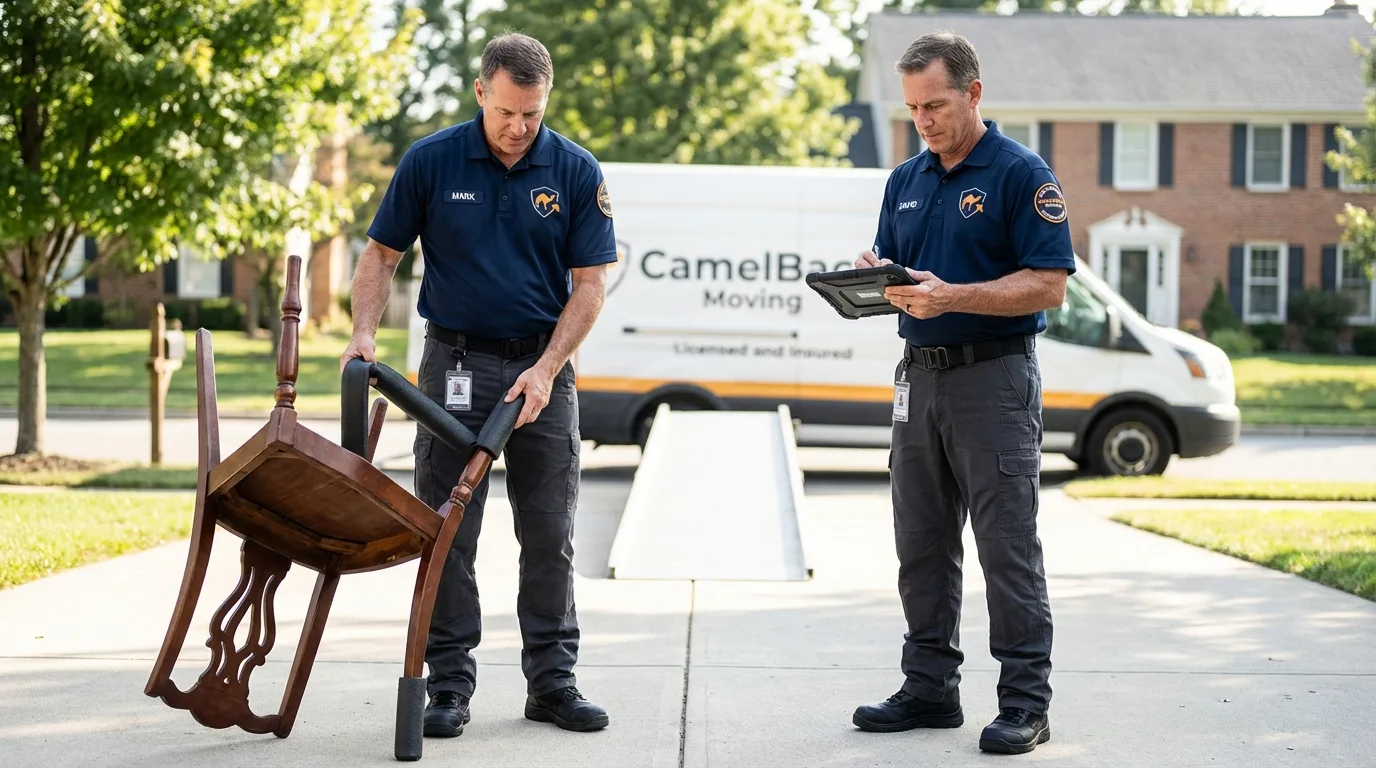 Movers inspecting furniture for damage prevention before loading in Maysville, GA