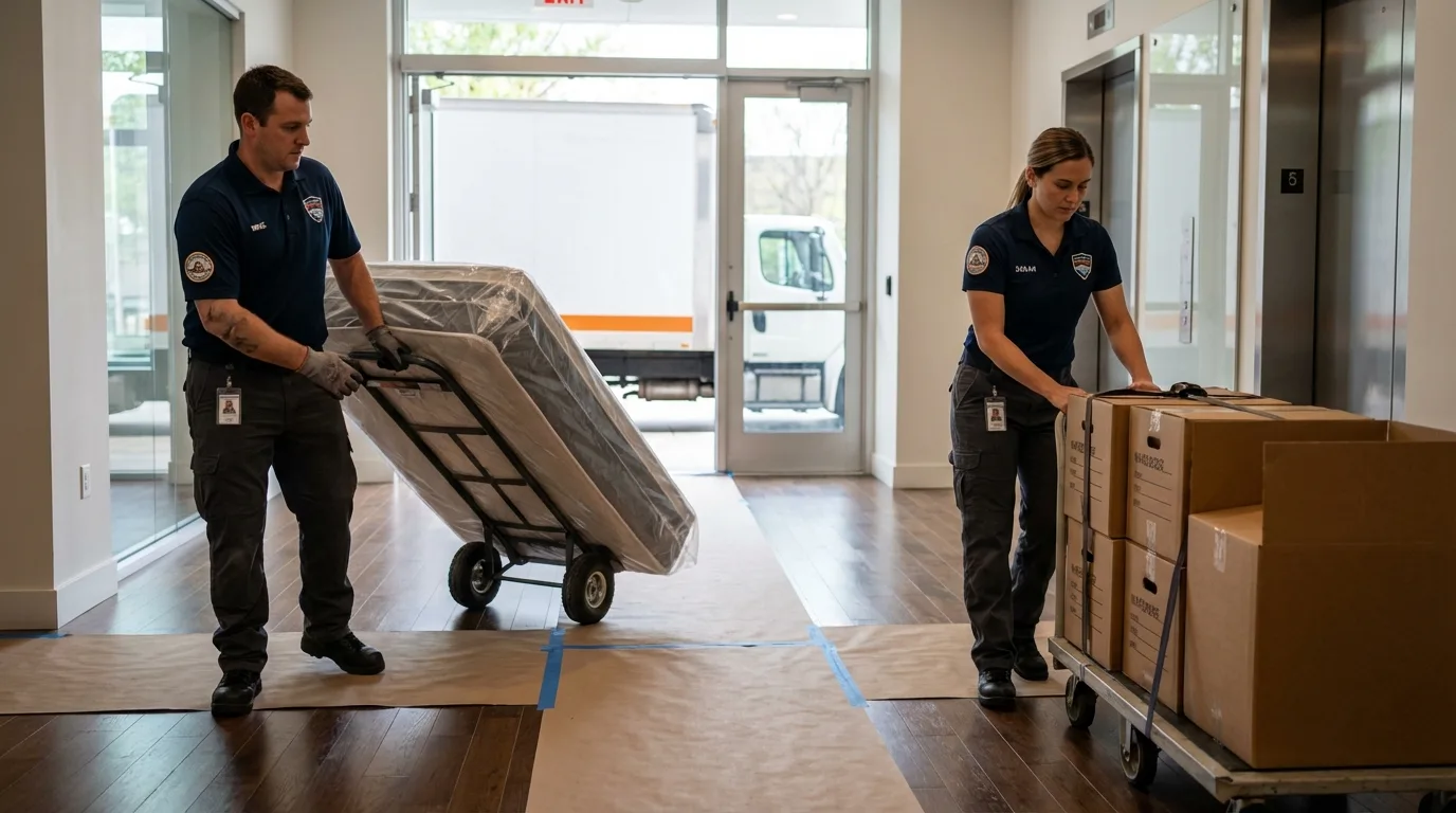 Professional apartment movers loading elevator in Maysville, GA