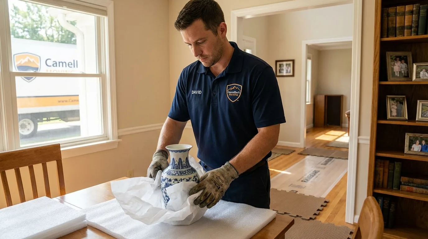 Professional crew carefully wrapping antique vase for senior downsizing move in Maysville, GA
